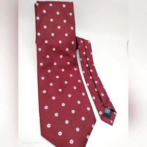 Lands End Men's Tie Maroon White Floral Silk Handsewn Long Imported Fabric
